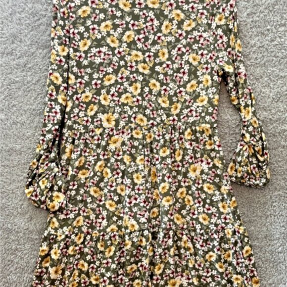 Derek Heart Floral Dress Long Sleeve Ruffle Bottom Button Up Front Large - Picture 4 of 11